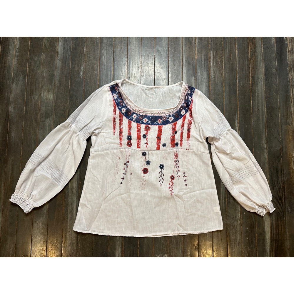 Womens Boho Patriotic Floral Embroidered Look Peasant Blouse White Puff Sleeve